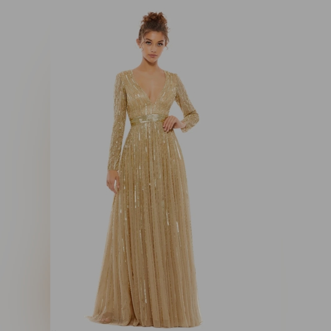 Mac Duggal Macduggal Gold A-Line Ballgown Long Sleeve Dress Gown 14 16